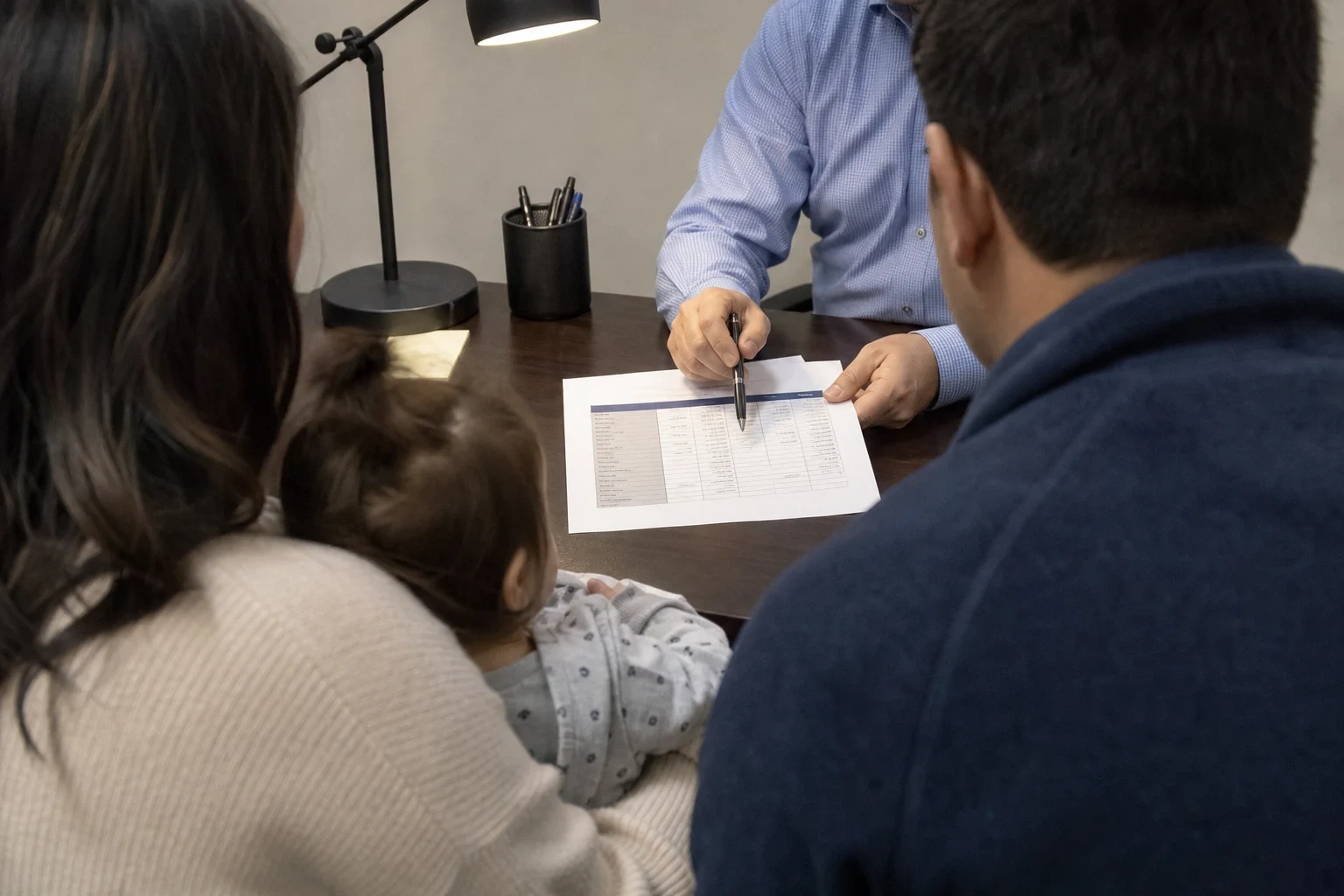 Agent in a blue shirt points a pen at a printed comparison sheet on a desk while a couple holding a toddler looks on, with a desk lamp and pen cup nearby